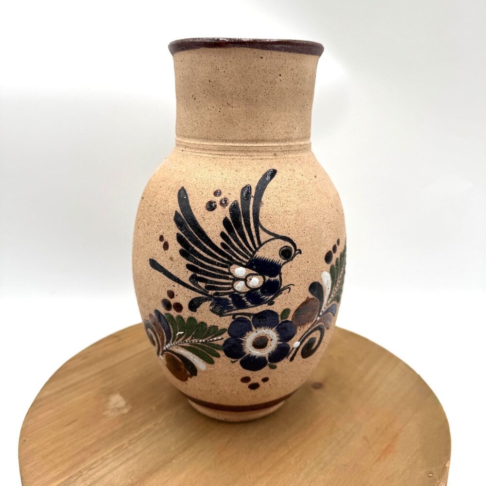 Vintage Tonala Bird Flower Vase Pottery Hand Painted Signed neutral color palett